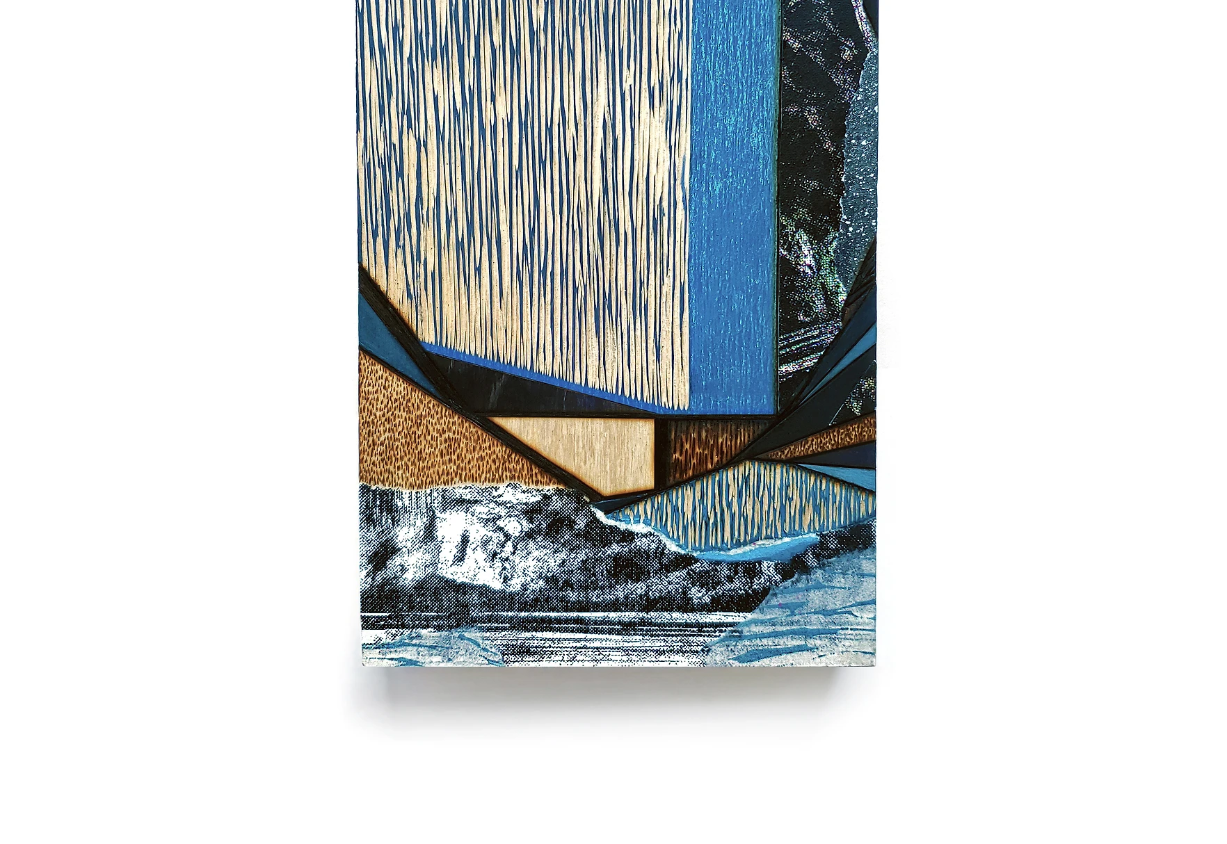 Divide, 2019, etching and screenprint collage, gouache, wood carving, pyrography, 7”x5”.