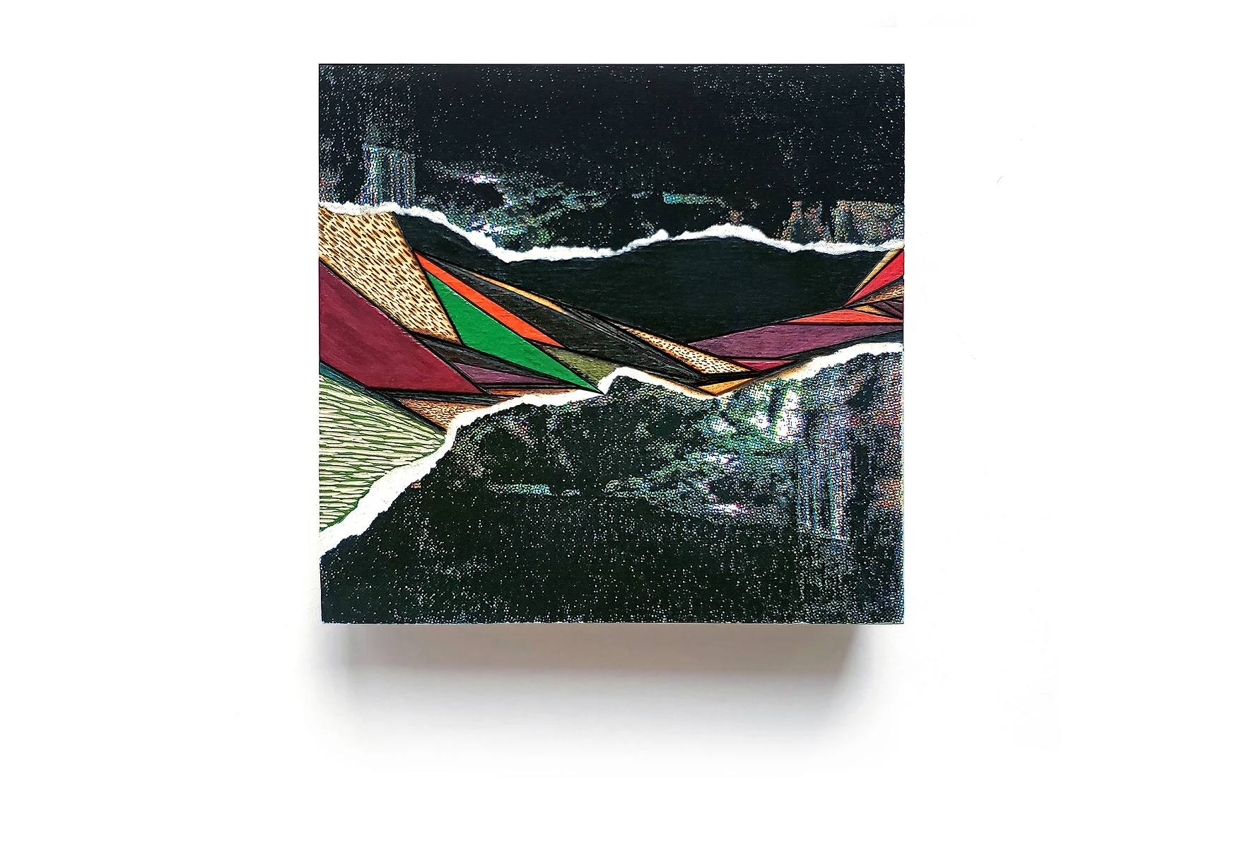 Passage, 2019, screenprint collage, gouache, wood carving, pyrography, 5”x5”