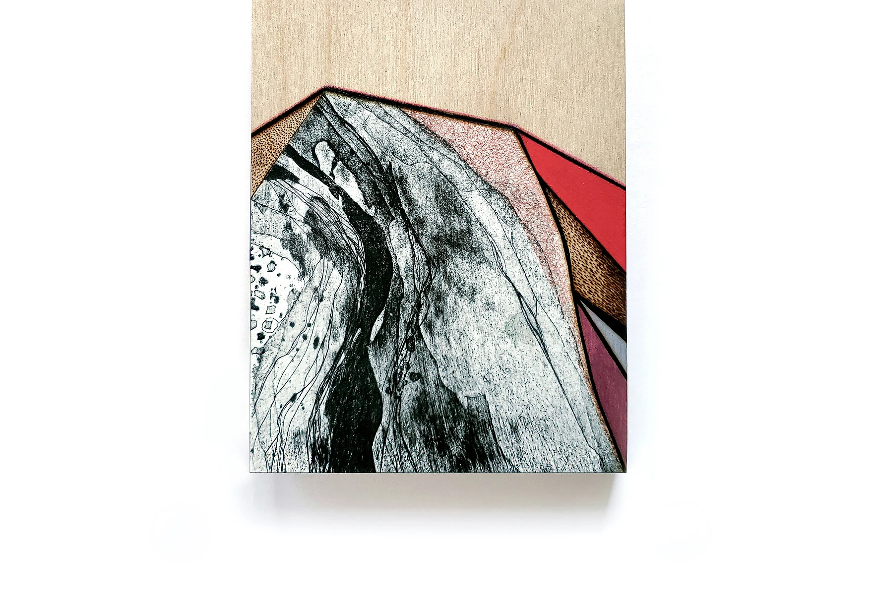 Hilltop, 2019, etching collage, gouache, pyrography, 7”x5”